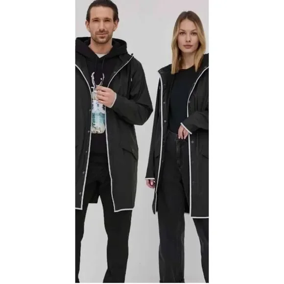 Rains Unisex Waterproof Long Reflective Jacket in Black